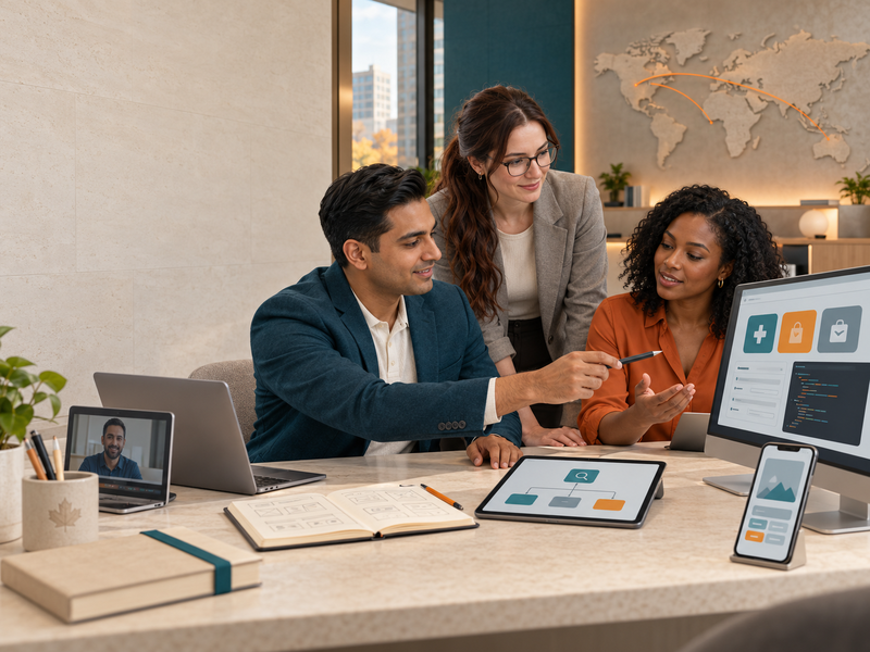 Webespire team members collaborating around a dashboard and tablet