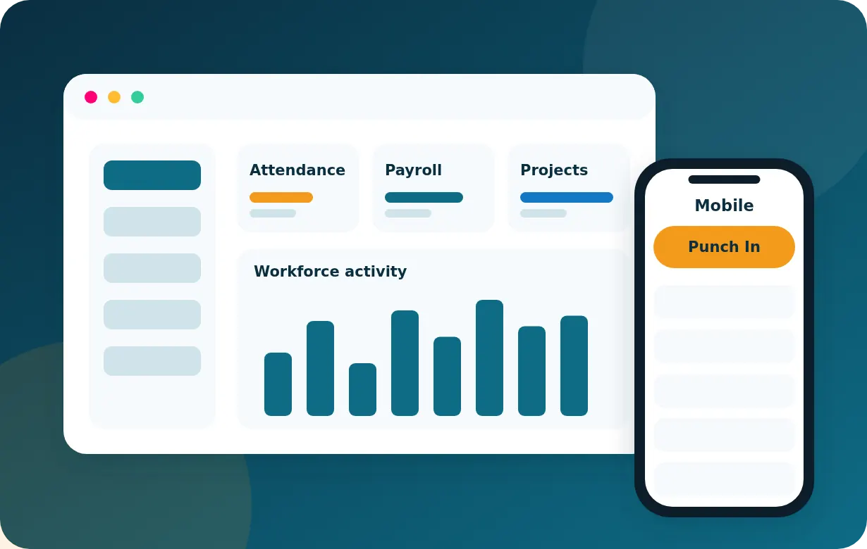 Illustration of the Webespire HRMS System dashboard and mobile attendance app for payroll and field teams