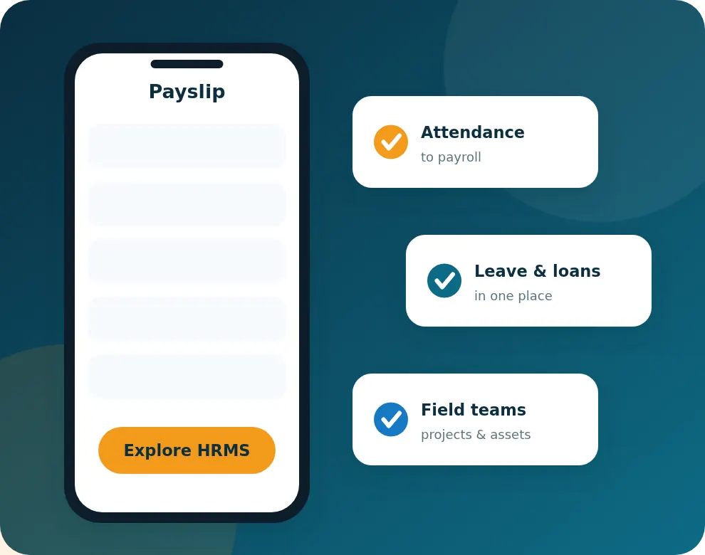 Illustration of the Webespire HRMS mobile payslip with attendance, leave and field team features