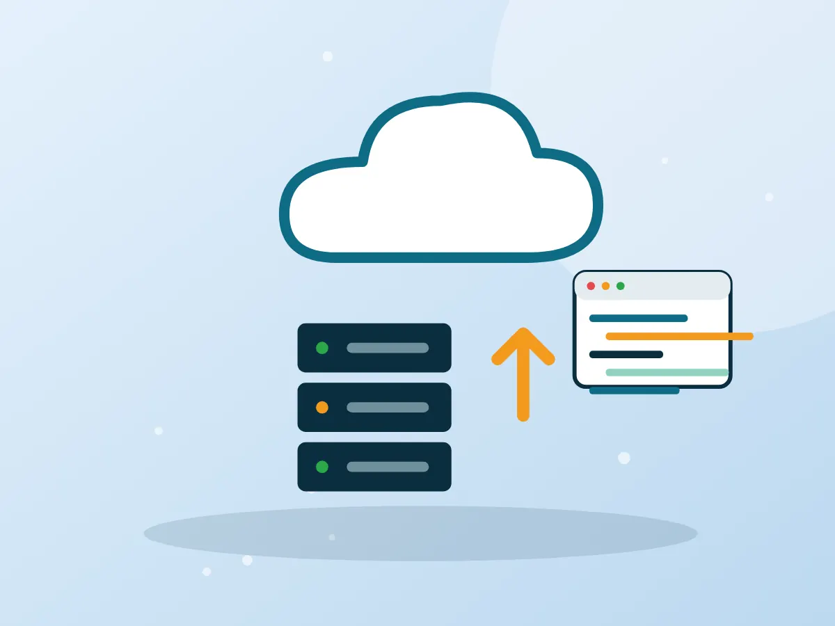 Cloud architecture diagram with servers, migration arrows and monitoring dashboard