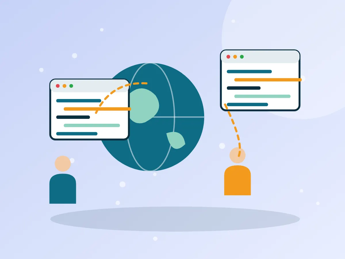 Offshore development team collaborating across a globe with code windows and project board
