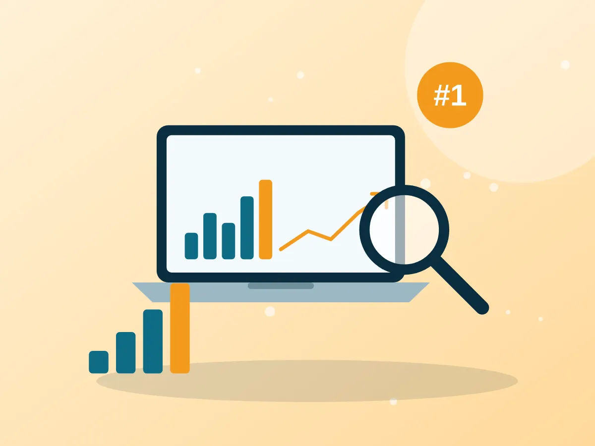 SEO analyst reviewing a website audit, ranking chart and search results on a laptop